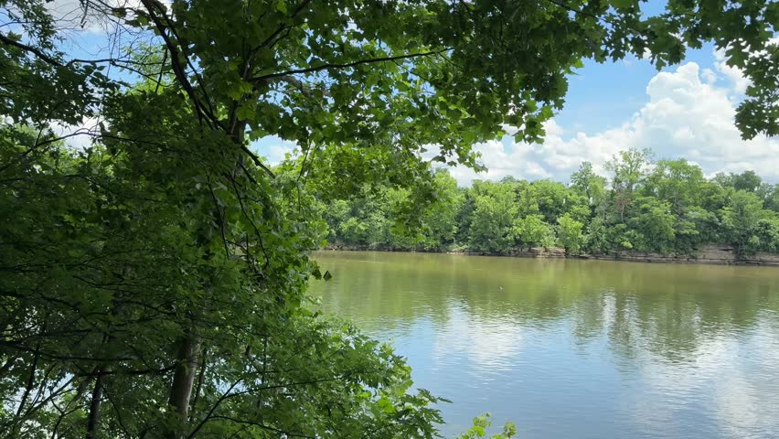 Summer Day Overlooking The Cumberland River Landscape in Nashville, Tennessee. Panning Shot.