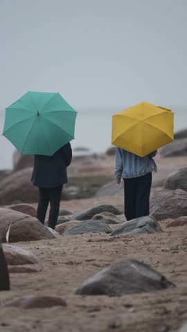 Couple walks with umbrellas during the rain along the seashore with boulders.