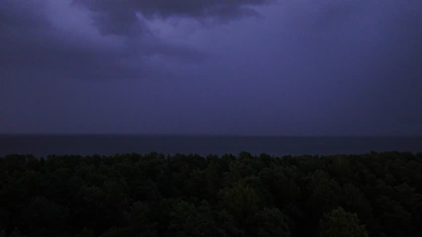 Aerial night view, sea horizon, pine forest under storm clouds, symbol of crisis