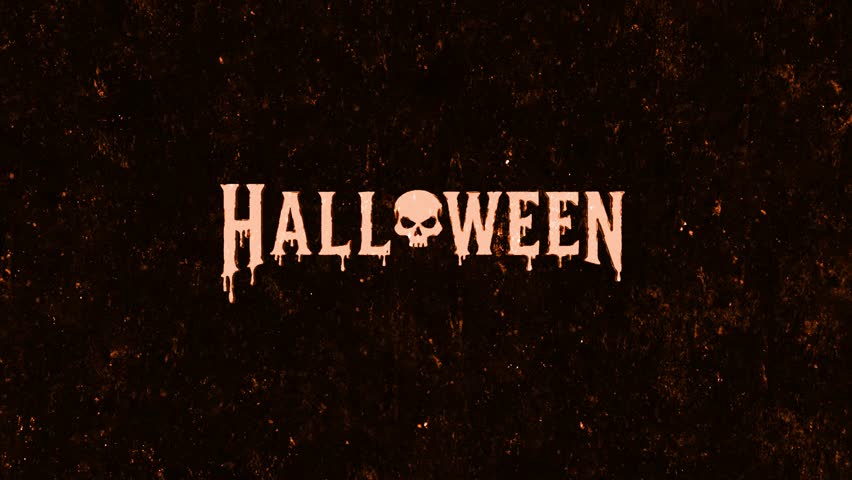 Halloween logo with skull icon and dripping horror font on dark grunge background. Perfect for horror, mystery, scary themes and seasonal projects