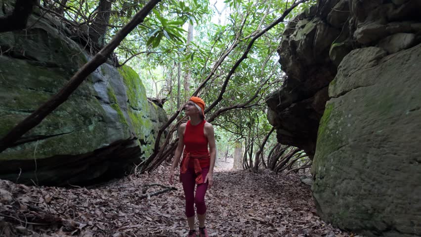 A mature woman enjoys hiking through the lush forest and discovering stunning waterfalls in Babcock State Park, West Virginia. Nature feels alive all around her.