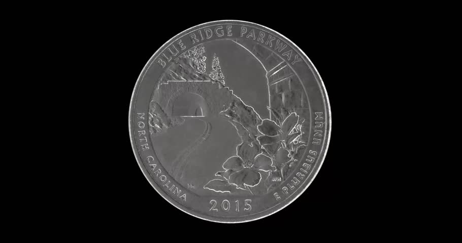Obverse of USA commemorative coin quarter dollar or 25 cent 2015 Blue Ridge Parkway, isolated in black background. Seamless animation in 4k resolution video.