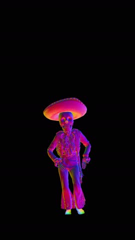 Seamless vertical video animation rainbow mariachi skeleton salsa dancing isolated with copyspace . Funny character dressed up for The Day of Dead holiday with hat, makeup and costume.