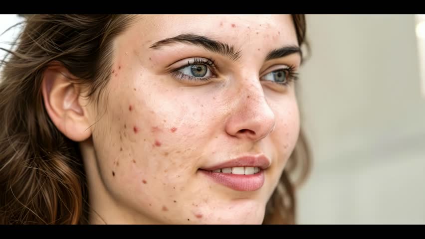 Close-Up of Young Woman’s Face with Visible Acne and Skin Blemishes – Detailed Facial Texture and Imperfections for Skincare and Dermatology Stock Footage