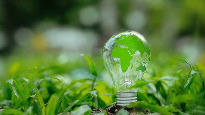 Light bulb with green map and green forest environment icon - environment esg concept, ecology and sustainable environment of the world. Eco-friendly green business. ecology, earth day, net zero