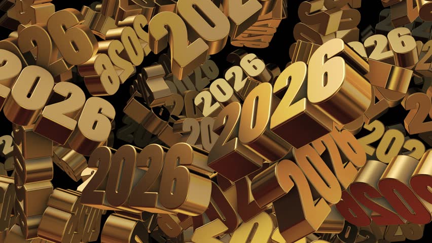 Happy New Year 2026 green screen chroma key. Happy New Year celebration concept.New Year 2026. Golden 3D numbers. Gold bars in the form of the numbers 2026. Moving and rotating fast. Wealth in 2026