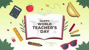 Happy World Teacher's Day text animation on an open book with school supplies. Colorful motion graphic background for educational videos, presentations, and social media greetings. - Powered by Shutterstock - Get 15% off with code: PIKWIZARD15