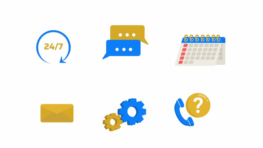 Corporate Office Icon Set Business Animation Pack 24-7, Message, Calendar, Email, Gear, and Phone Seamless Loop 2D Flat Design Style