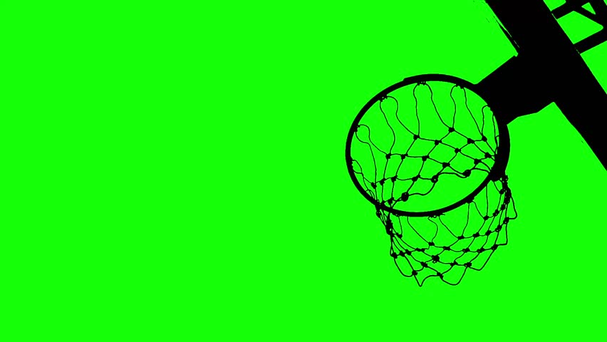 Silhouette of basketball going into the hoop on a green screen background.