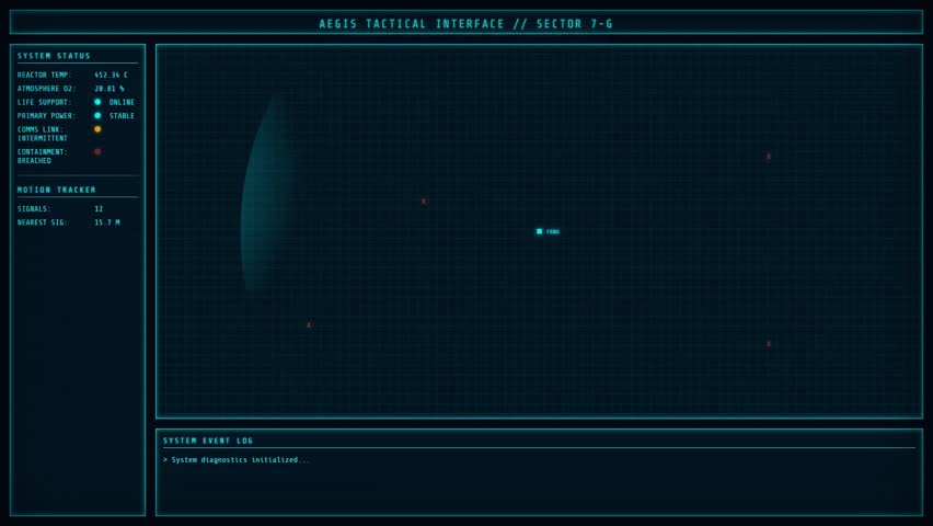 Animated cyberpunk UI with vibrant neon colors. Features a system boot log, a rotating wireframe globe, and glitching text effects. A bright, high-tech screen for futuristic concepts.
