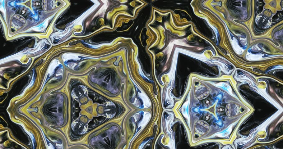 Abstract original colorful kaleidoscope in yellow, blue, white tones on a black background. Abstract background of symmetrical movement of multicolored mosaic. Man-made unique movement of deep ink