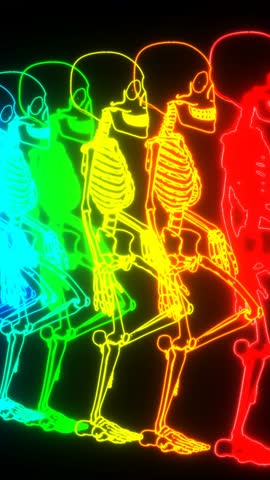Seamless vertical video animation of glowing skeletons waking. Funny halloween background with rainbow neon flare.