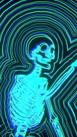 Seamless vertical video animation of glowing dancing skeleton. Funny halloween background with rainbow neon flare echo effect.