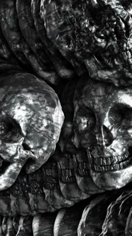 Seamless vertical video funny animation of rotten metal skulls. Halloween video loop with a cool psychedelic look