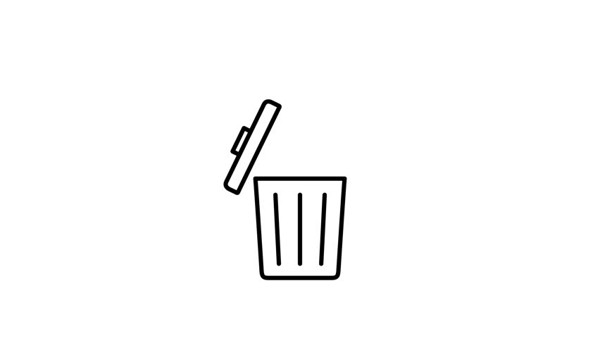 Trash can icon outline animation with paper document falling inside on white background. 4K animated icon for delete action, delete documents, recycle explainer, and business motion graphics.