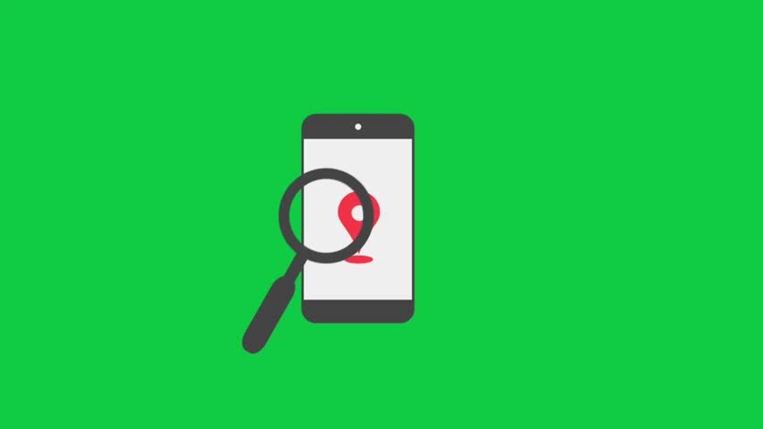 GPS location pin icon on smartphone with magnifying glass animation, Location symbol, black pin point icon, Location pin, road location.