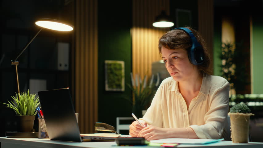 Focused consultant takes notes during executive board meeting video call, extracting essential bullet points from the discussion with business associates. Late night briefing session. Camera B.