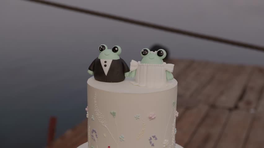 White two-tier wedding cake. Vanilla sponge cake, cream cheese cream. The cake is decorated with white roses and green leaves. wedding. Bride and groom