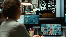 Entrepreneur using laptop and microphone for a collaborative talk on video call, engagement and professionalism ensures a productive exchange of ideas during a corporate teleconference. Camera B. - Powered by Shutterstock - Get 15% off with code: PIKWIZARD15