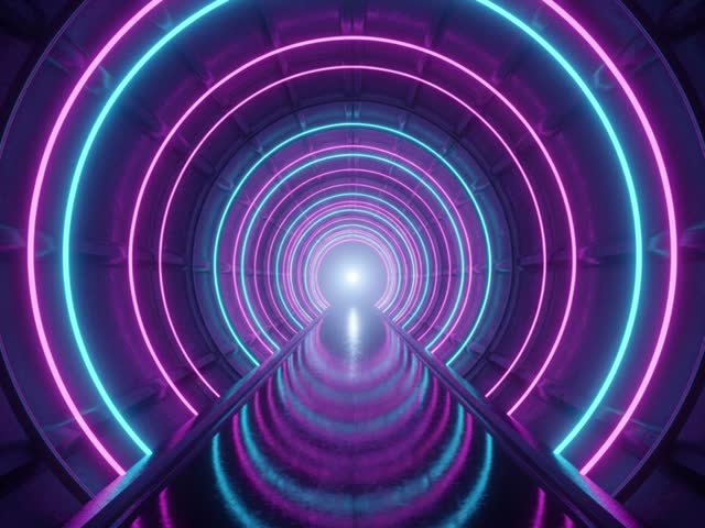 Futuristic neon tunnel loop animation with glowing lights and cyberpunk vibe. Perfect for VJ loops, motion graphics, music visuals, and digital backgrounds.