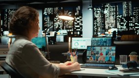 Entrepreneur using laptop and microphone for a collaborative talk on video call, engagement and professionalism ensures a productive exchange of ideas during a corporate teleconference. Camera A. - Powered by Shutterstock - Get 15% off with code: PIKWIZARD15