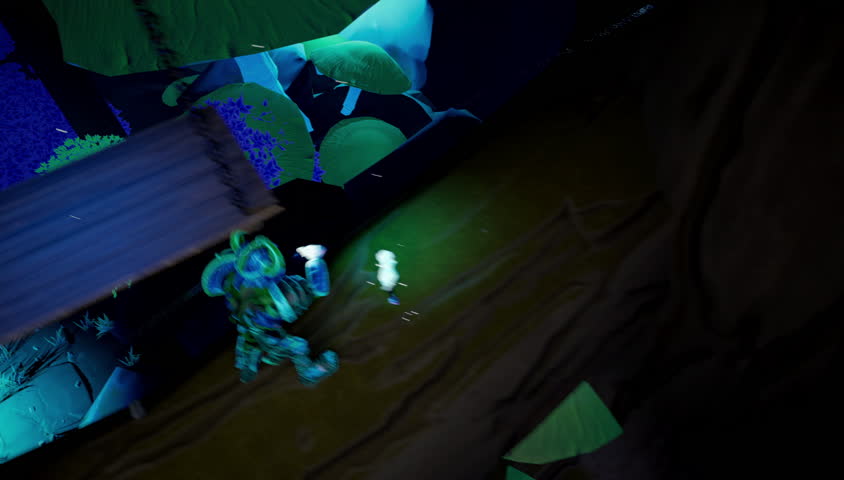 Clean UI version of fake game forest scene. Nighttime isometric visuals with focus on glowing mushrooms and lone defender. A moody, stylized video game environment for storytelling.