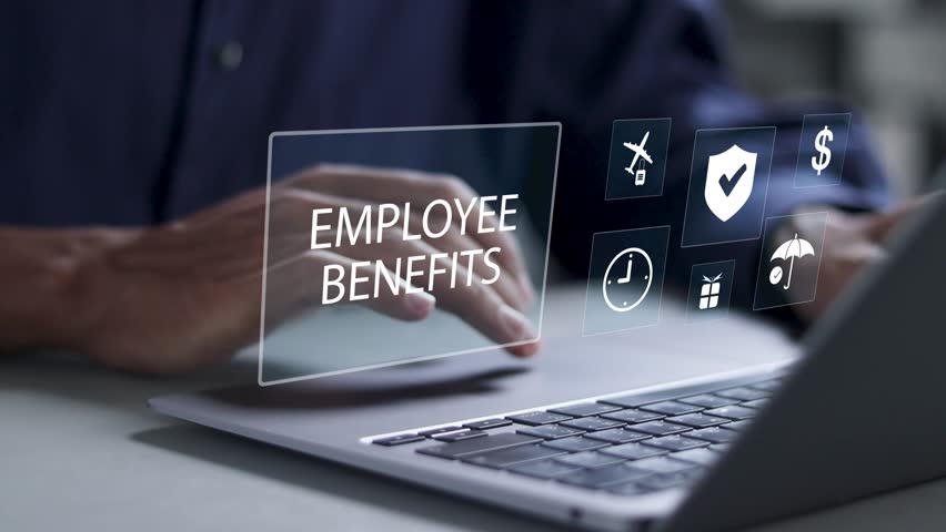 Employee benefits and compensation strategy concept. Insurance, paid vacation, office perks, Fringe benefits for employee engagement. Businessman with virtual icon.