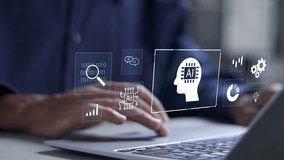 Data analytics automated with AI technology, advanced technology in analyzing graphs, business data, and market trends. Businessman using laptop with virtual icon. - Powered by Shutterstock - Get 15% off with code: PIKWIZARD15