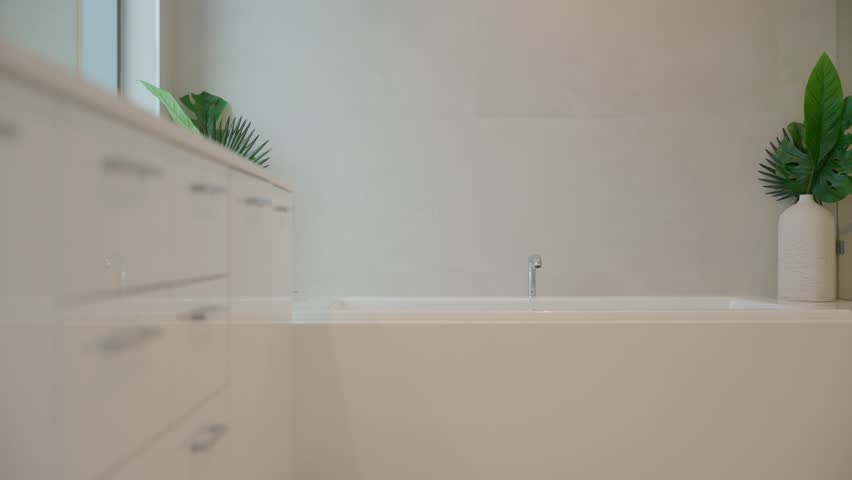 Clean and modern bathroom. White bathtub with simple silver faucet. On both sides of the tub there are white vases with big green leaves adding fresh and natural touch