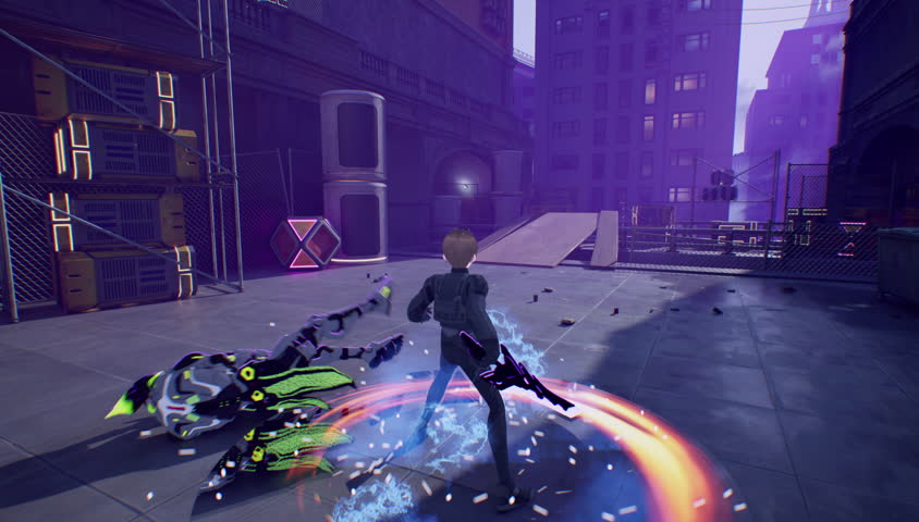 In a mobile-rendered sci-fi arena, the animated fighter narrowly dodges the devastating swing of a mechanical titan. The sunlit city provides a bright yet dangerous backdrop in fake video game moment.