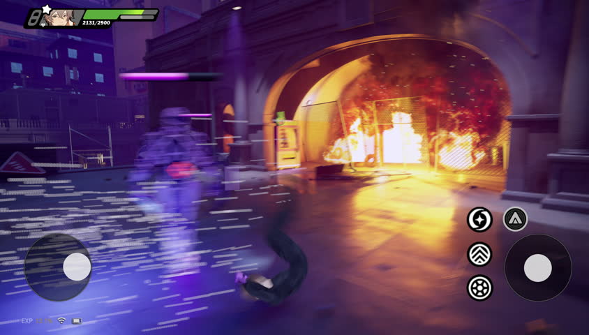 In a mobile-rendered sci-fi arena, the animated fighter narrowly dodges the devastating swing of a mechanical titan. The sunlit city provides a bright yet dangerous backdrop in fake video game moment.