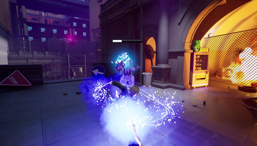 Fighter executes a powerful win animation in a clean no-UI clip set in a sci-fi city under sunlight. This Fake Video Game scene uses stylized third-person combat visuals for maximum impact.