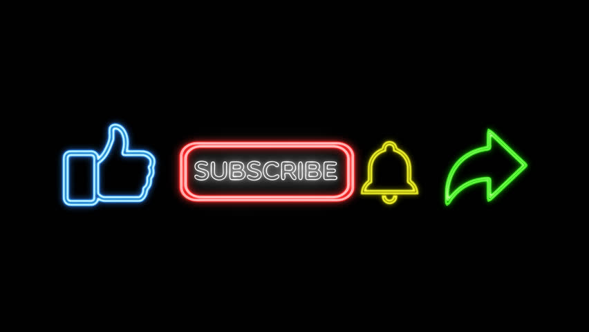 neon animation youtube promotion with blue thumbs up, red and white subscribe button yellow notification and green share icon with black background