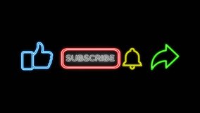 neon animation youtube promotion with blue thumbs up, red and white subscribe button yellow notification and green share icon with black background - Powered by Shutterstock - Get 15% off with code: PIKWIZARD15