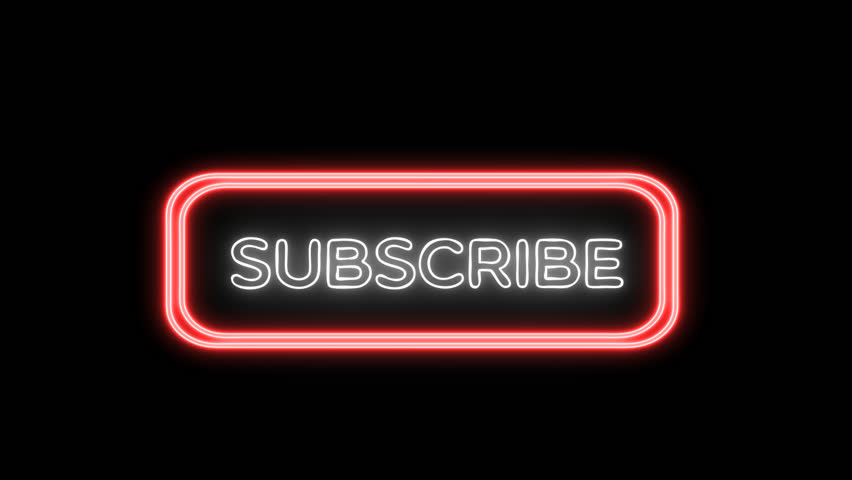 neon animation youtube promotion with blue thumbs up, red and white subscribe button yellow notification and green share icon with black background