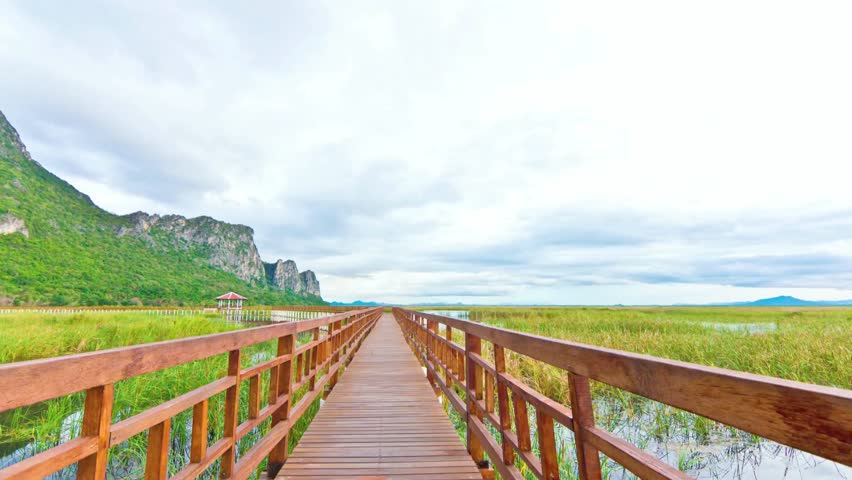 A wooden bridge stretches across a marshland under a cloudy sky