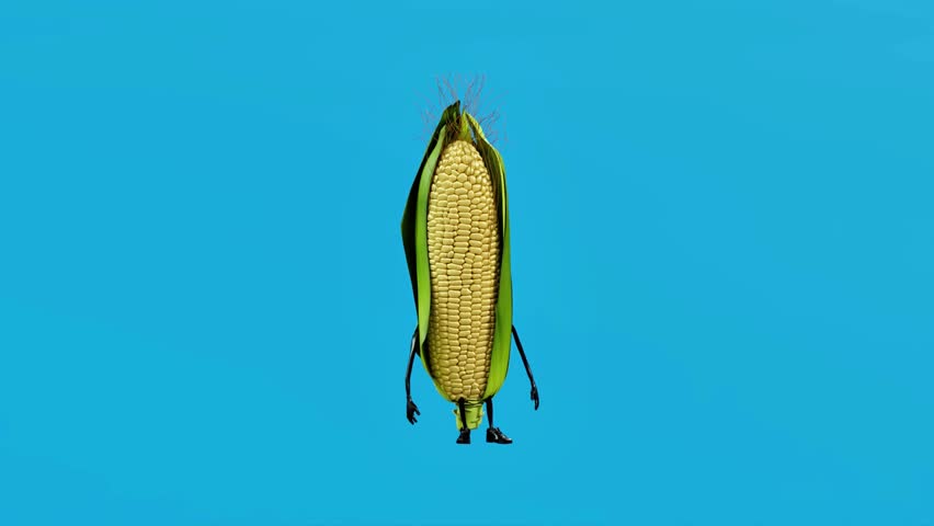 3D animation of a corn character standing idle in loop. Perfect for food themes, agriculture, mascots, kids projects, healthy eating, farm concepts, and fun video assets.