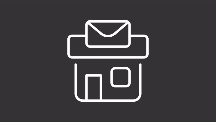 Post office building ui icon white line animation. Public facility of mail services. Urban infrastructure for customers animated user interface element on dark background. Transparent HD video