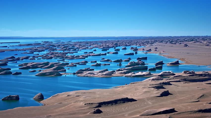 Landscape of Yardang landforms with blue lakes in Qinghai province, China