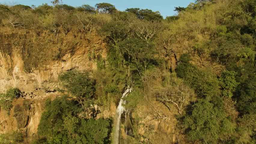Single narrow waterfall at Turbinas Santa Cruz descends from rocky cliff into shaded forest canyon, drone tilt-down view in Jalisco, Mexico