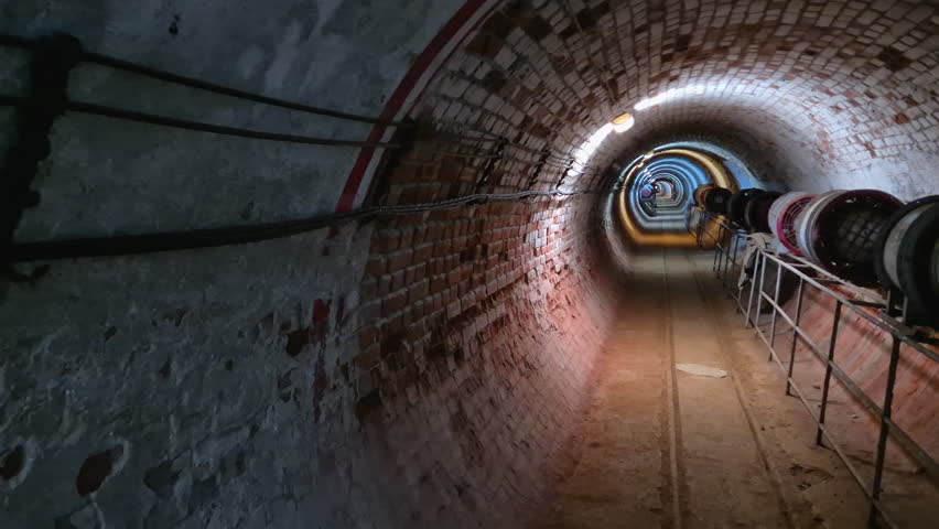 Inside a long straight underground mine tunnel, pan right, The Museum of Mining in Pernik, Bulgaria