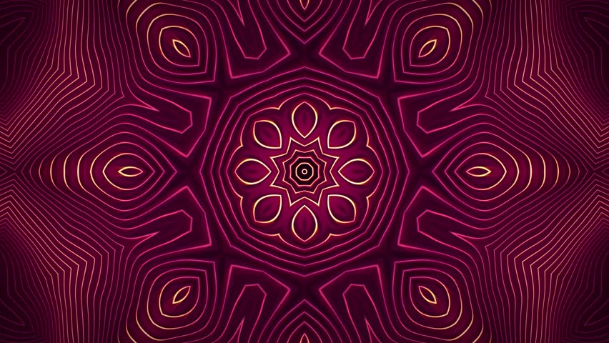 Hypnotic glowing mandala pattern with luminous orange neon lines on deep magenta background. Abstract kaleidoscope with floral symmetry and radiant fractal ornament for yoga and meditation. 4K 30fps - Powered by Shutterstock - Get 15% off with code: PIKWIZARD15