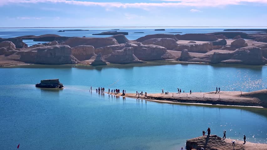 Landscape of Yardang landforms with blue lakes in Qinghai province, China
