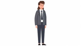 A 2D cartoon animation of a businesswoman in a formal grey suit walking. The character is isolated on a plain white background, ideal for corporate or business presentations. - Powered by Shutterstock - Get 15% off with code: PIKWIZARD15
