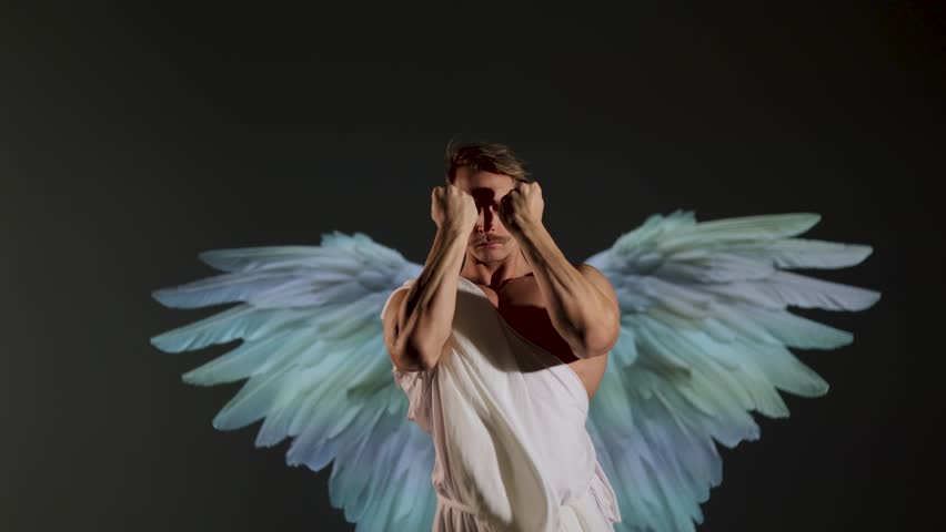 A battle angel in a white tunic, a concept in the antique style or in the style of Renaissance painting, a muscular young man