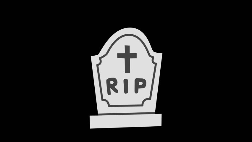 Animated gray cartoon tombstone with cross and RIP text surrounded by smoke on dark Halloween scene