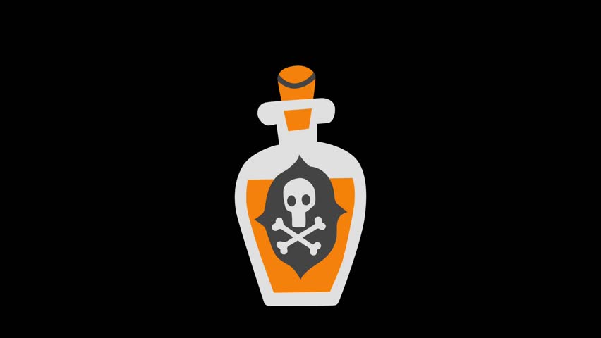 Animated poison bottle with bubbling orange liquid and skull label releasing vapor in Halloween theme