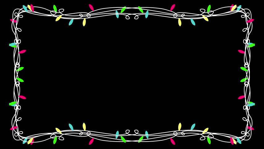 Animated Christmas light frame with colorful glowing bulbs on black background for festive design