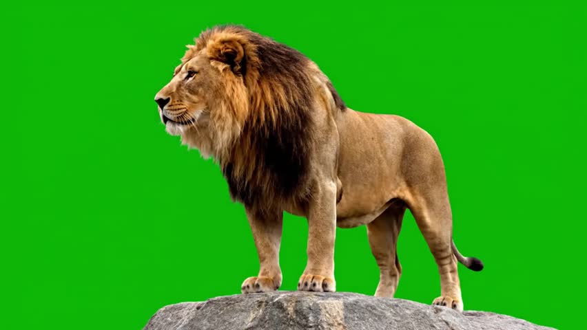 Full-body shot of a majestic lion standing on a rock on a green screen. The powerful king of the jungle roars loudly and then stands watch, with its beautiful mane and a proud expression. 