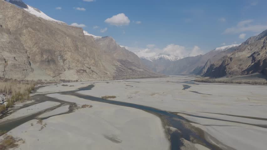 Aerial view of a serene valley in Pakistan, featuring snow-capped mountains and a winding river